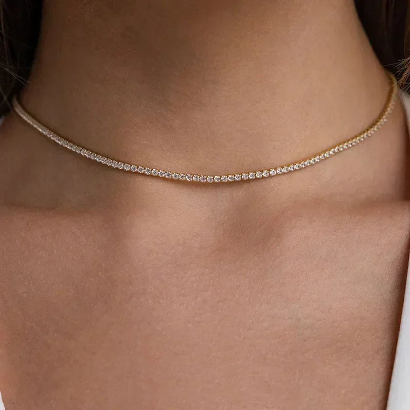 New S925 Sterling Silver Hip Hop Full CZ Choker Chain Necklace For Women Luxury Cubic AAA Zircon Short Accessories Fine Jewelry