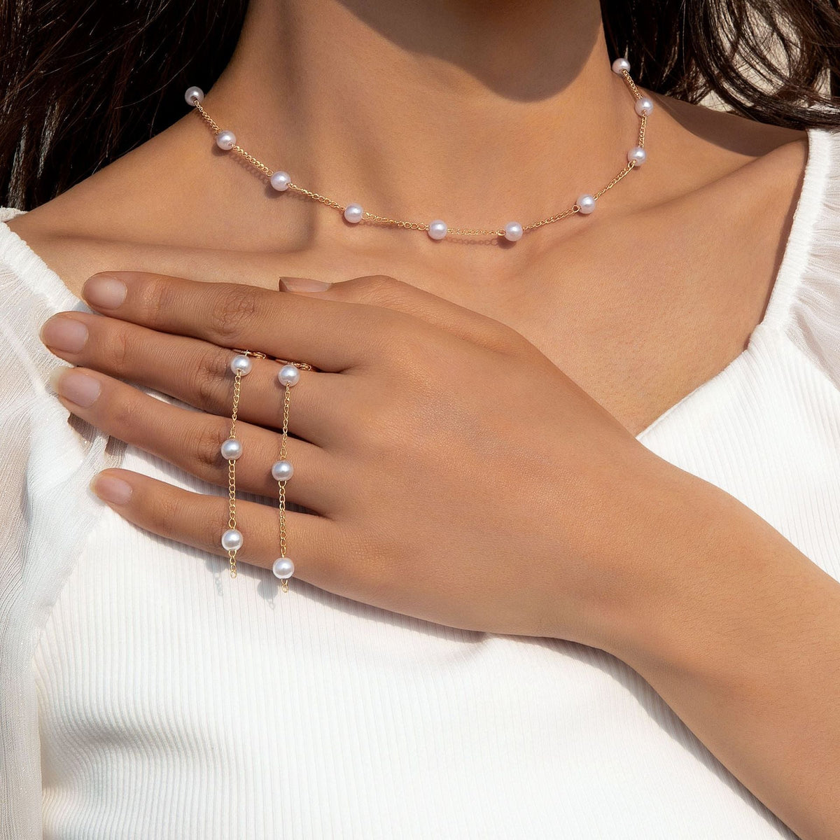 Women Pearl Beads Chain Choker Necklace Jewelry Set