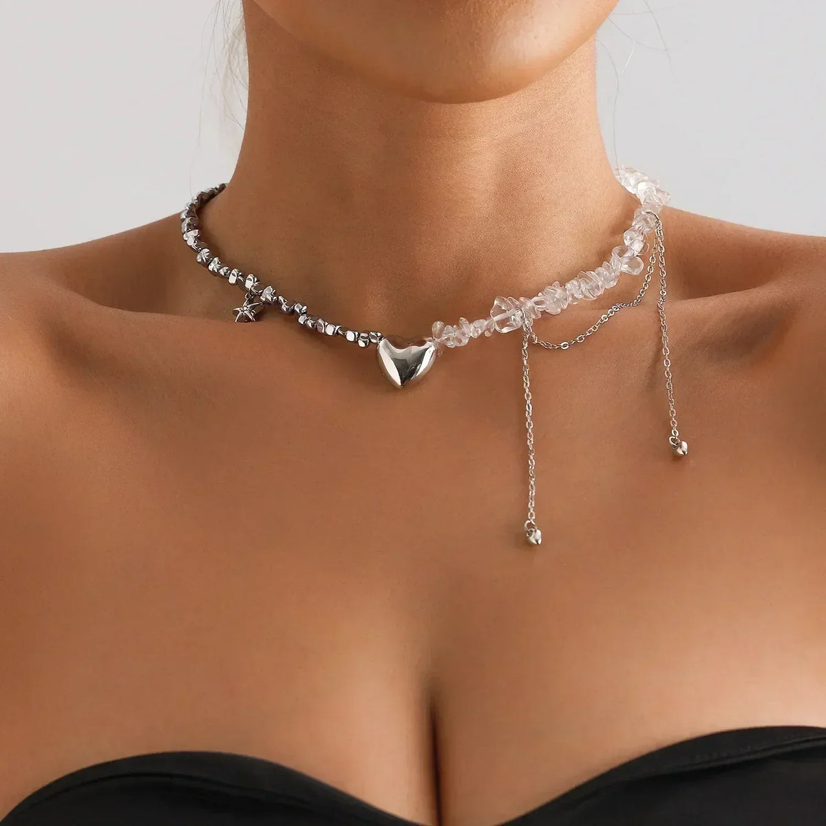 Fashion Heart Beaded Necklace for Women Boho Elegant Irregular Crystal Chain Y2K Choker Exquisite Party Gift Jewelry Accessories